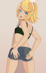 Rule 34 | 1girl, :d, aruman, bad id, bad pixiv id, black tank top, blonde hair, blue eyes, blue shorts, bow, breasts, brown background, commentary, crop top, from behind, hair bow, hair ornament, hair ribbon, hairclip, hands on own ass, highres, kagamine rin, looking at viewer, looking back, open mouth, ribbon, short shorts, shorts, simple background, small breasts, smile, solo, swept bangs, tank top, vocaloid, white ribbon