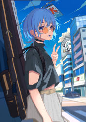 Rule 34 | 1girl, absurdres, alternate costume, belt, blue choker, blue eyes, blue hair, blue shirt, blue sky, building, candy, car, choker, cloud, commentary, day, earrings, food, food in mouth, glasses, grey shirt, hand up, highres, hololive, hoshimachi suisei, instrument case, jewelry, kara (danleung828), lollipop, looking at viewer, motor vehicle, orange-tinted eyewear, outdoors, road, round eyewear, shirt, short hair, short sleeves, sky, solo, standing, star (symbol), star earrings, street, symbol-only commentary, tinted eyewear, upper body, v, virtual youtuber, yellow belt