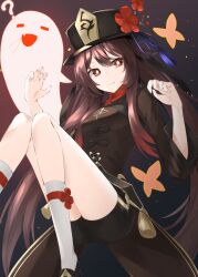 Rule 34 | 1girl, :3, absurdres, boo tao (genshin impact), brown eyes, brown hair, chinese clothes, flower, flower-shaped pupils, genshin impact, ghost, gradient hair, hands up, hat, hat flower, high collar, highres, hu tao (genshin impact), knees up, long hair, long sleeves, looking to the side, multicolored hair, plum blossoms, porkpie hat, shorts, smile, socks, solo, symbol-shaped pupils, tassel, very long hair, yuki-san (wdtm yuki)