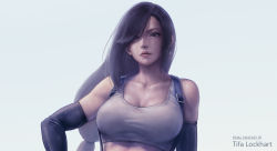 Rule 34 | 1girl, bare shoulders, black hair, breasts, brown eyes, cleavage, commentary request, earrings, elbow gloves, final fantasy, final fantasy vii, final fantasy vii remake, gloves, hand on own hip, highres, jewelry, large breasts, long hair, low-tied long hair, mao san, muscular, muscular female, shirt, skirt, suspender skirt, suspenders, tank top, taut clothes, taut shirt, tifa lockhart, toned, upper body, very long hair, white tank top