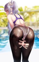 Rule 34 | 1girl, ass, back, back cutout, bare shoulders, bent over, between legs, black pantyhose, blurry, blurry background, blush, closed mouth, clothing cutout, competition swimsuit, day, depth of field, embarrassed, from behind, genshin impact, hair ornament, hand between legs, highres, keqing (genshin impact), long hair, looking at viewer, looking back, one-piece swimsuit, outdoors, pantyhose, pantyhose under swimsuit, pink eyes, purple hair, see-through, shiny clothes, shiny skin, shirosaba, solo, swimsuit, thighband pantyhose, twintails, very long hair, water, wet, wet clothes, wet swimsuit