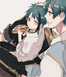 Rule 34 | 2boys, aged down, blue hair, blue vest, brothers, chashibu, child, commentary request, eating, floyd leech, food, grey background, headpat, holding, holding food, jade leech, looking at another, looking at viewer, male focus, multiple boys, sandwich, sharp teeth, short hair, siblings, simple background, sitting, sitting on lap, sitting on person, teeth, time paradox, twisted wonderland, vest