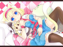 Rule 34 | 1girl, 515m, :3, alice margatroid, animal ears, ascot, between breasts, black thighhighs, blonde hair, blue eyes, blush, breasts, cat ears, cat girl, cat tail, character doll, female focus, hairband, hat, kemonomimi mode, kirisame marisa, kochiya sanae, large breasts, looking at viewer, lying, on back, shameimaru aya, short hair, smile, solo, stuffed toy, tail, thighhighs, tokin hat, touhou, witch hat, wrist cuffs