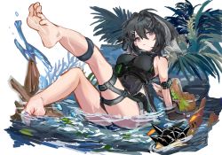 Rule 34 | 1girl, arknights, arm strap, arm support, bare shoulders, barefoot, between breasts, black eyes, black hair, black shorts, blush, breasts, creature, feather hair, fish, hair ornament, hairclip, la pluma (arknights), large breasts, leaning back, legs up, looking at viewer, originium slug (arknights), shallow water, short hair, short shorts, shorts, simple background, sitting, solo, transparent background, underbust, uruzu, water, zipper pull tab