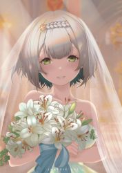 Rule 34 | 1girl, absurdres, blush, bouquet, bridal veil, bride, commentary, dress, english commentary, flower, genshin impact, green eyes, highres, holding, holding bouquet, jhaysie, looking at viewer, noelle (genshin impact), short hair, silver hair, smile, solo, upper body, veil, wedding, wedding dress