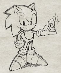 Rule 34 | 1boy, gloves, greyscale, hand on own hip, hedgehog, holding, looking at viewer, lowres, male focus, monochrome, rento (rukeai), ring (sonic), shoes, sideways mouth, sketch, smile, solo, sonic (series), sonic the hedgehog, sparkle, unfinished