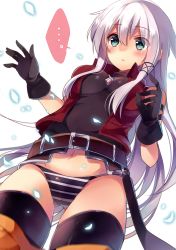 Rule 34 | ..., 1girl, absurdres, anceril sacred, aqua eyes, belt, black gloves, black thighhighs, blush, cameltoe, gloves, highres, md5 mismatch, mishima kurone, navel, no pants, original, panties, silver hair, solo, spoken ellipsis, striped clothes, striped panties, thighhighs, underwear, white background