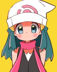Rule 34 | arms at sides, beanie, black shirt, blue eyes, blue hair, blush, closed mouth, creatures (company), dawn (pokemon), game freak, hair ornament, hat, highres, hyou (hyouga617), layered clothes, long hair, looking at viewer, neck, nintendo, pokemon, pokemon dppt, red scarf, scarf, shirt, sleeveless, sleeveless shirt, solo, tareme, upper body, white hat, yellow background