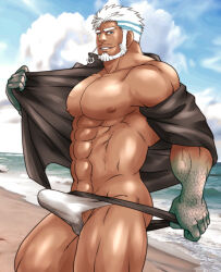 Rule 34 | 1boy, abs, aegir (housamo), bara, bare pectorals, beard, blue eyes, briefs, bulge, cloud, cloudy sky, cowboy shot, dark-skinned male, dark skin, earrings, erection, erection under clothes, artistic error, facial hair, fins, fish boy, highres, jewelry, large pectorals, looking at viewer, male focus, male underwear, male underwear pull, mature male, md5 mismatch, muscular, muscular male, navel, nipples, open clothes, open shirt, outdoors, pectorals, pulled by self, resolution mismatch, revision, short hair, single earring, sky, smile, solo, sunfight0201, thick thighs, thighs, thong, tokyo houkago summoners, underwear, underwear pull, undressing, white hair, white male underwear