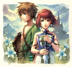 1boy 1girl armlet artist_name blue_flower border bracelet braid brown_hair castle choker closed_mouth cosplay crown crown_braid dress earrings falling_petals flower hair_between_eyes hair_tie highres holding holding_sword holding_weapon hollypolllyy jewelry kairi_(kingdom_hearts) kingdom_hearts link link_(cosplay) looking_at_viewer low_ponytail master_sword medium_hair mountain nintendo petals princess_zelda princess_zelda_(cosplay) red_hair silent_princess sora_(kingdom_hearts) spiked_hair strapless strapless_dress swept_bangs sword the_legend_of_zelda the_legend_of_zelda:_tears_of_the_kingdom weapon white_border white_dress