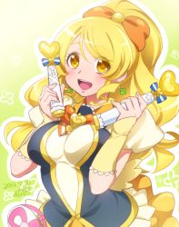 Rule 34 | 0417nao, 10s, 1girl, blonde hair, blush, breasts, brooch, cure honey, earrings, eyelashes, hair ornament, hair ribbon, happinesscharge precure!, happy, heart, heart brooch, jewelry, large breasts, long hair, looking at viewer, magical girl, oomori yuuko, open mouth, ponytail, precure, puffy sleeves, ribbon, shirt, skirt, smile, solo, vest, wrist cuffs, yellow eyes, yellow skirt