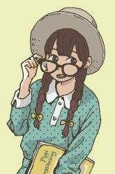 Rule 34 | 1girl, adjusting eyewear, arm at side, arm up, black-framed eyewear, blouse, bow, braid, brown hair, brown hat, buttons, collared shirt, commentary request, glasses, hair ribbon, hat, highres, hosoo, long hair, long sleeves, looking to the side, open mouth, original, polka dot, polka dot shirt, ribbon, round teeth, shirt, simple background, solo, straw hat, teeth, tress ribbon, twin braids, yellow background, yellow bow
