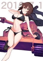 Rule 34 | 1girl, :o, absurdres, bare shoulders, bikini, birthday, black bikini, black jacket, boots, breasts, brown eyes, brown hair, cleavage, unworn clothes, dated, front-tie top, garrison cap, girls und panzer, groin, hair between eyes, hat, highres, holding, holding clothes, holding hat, holding jacket, jacket, kuromorimine military uniform, large breasts, looking at viewer, military, military vehicle, motor vehicle, muteki soda, navel, nishizumi maho, short hair, side-tie bikini bottom, solo, swimsuit, tank, white background