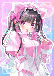 1girl animal_ears black_hair blush bow breasts candy cat_ears colored_inner_hair commentary_request fake_animal_ears food full-length_zipper hair_bow hair_ornament hairclip heart highres jacket jirai_kei lollipop long_hair looking_at_viewer momomoyn multicolored_hair original pink_eyes pink_hair solo sparkle tenshi_kaiwai track_jacket two-tone_hair two_side_up upper_body zipper