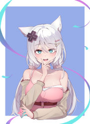 Rule 34 | 1girl, absurdres, animal ears, bare shoulders, belt, blue eyes, blush, breasts, cleavage, collarbone, cropped torso, fake nails, fangs, fox ears, hand up, highres, large breasts, long hair, long sleeves, looking at viewer, meridian project, mizuki (vtuber), multicolored nails, nail polish, o-ring, open mouth, ru yan, sanpaku, simple background, smile, solo, star (symbol), strap slip, swept bangs, twintails, upper body, virtual youtuber, white hair