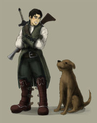 Rule 34 | 1boy, brown hair, dog, fable, fable 2, male focus, simple background, solo