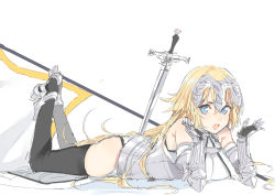 Rule 34 | 1girl, ass, bare shoulders, black thighhighs, blonde hair, blue eyes, breasts, fate/apocrypha, fate (series), gauntlets, helmet, jeanne d&#039;arc (fate), jeanne d&#039;arc (ruler) (fate), jeanne d&#039;arc (third ascension) (fate), long hair, lying, nesume, on stomach, open mouth, solo, sword, thighhighs, weapon