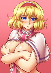 Rule 34 | 1girl, alice margatroid, blonde hair, blue eyes, blush, breasts, capelet, covering privates, covering breasts, crossed arms, female focus, hairband, highres, large breasts, mazume, pink background, short hair, solo, touhou, upper body