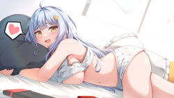 Rule 34 | 1girl, :d, absurdres, ahoge, bare shoulders, bed sheet, blue hair, blush, breasts, cat hair ornament, curtains, day, frilled pillow, frills, hair ornament, hairclip, heart, highres, indoors, large breasts, long hair, looking at viewer, lying, moyoron, navel, nintendo switch, hugging object, on side, open mouth, original, pillow, pillow hug, polka dot, polka dot shorts, short shorts, shorts, smile, solo, spoken heart, sunlight, underboob, very long hair, white shorts, window, yellow eyes