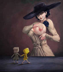 Rule 34 | 1boy, 2girls, alcina dimitrescu, bag, bare legs, barefoot, large hat, breasts, crossover, dr.korr, dress, earrings, jewelry, little nightmares (series), mono (little nightmares), multiple girls, no bra, one breast out, paper bag, paper bag on head, raincoat, red lips, resident evil, resident evil village, short hair, six (little nightmares), size difference, standing, vampire, walking, yellow eyes, yellow raincoat