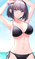 Rule 34 | 1girl, :o, absurdres, armpits, arms up, bikini, black bikini, bracelet, breasts, brown hair, cleavage, collarbone, commentary request, groin, halterneck, highres, ichiki 1, jewelry, large breasts, looking at viewer, mole, mole under mouth, navel, necklace, original, outdoors, purple eyes, short hair, side-tie bikini bottom, solo, string bikini, swimsuit, wet, wet hair, wristband