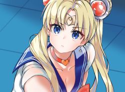 Rule 34 | 1girl, absurdres, bad id, bad pixiv id, bishoujo senshi sailor moon, blonde hair, blue eyes, blue sailor collar, breasts, choker, cleavage, closed mouth, crescent, crescent earrings, derivative work, earrings, hair over shoulder, heart, heart choker, highres, hufy, jewelry, long hair, looking at viewer, medium breasts, meme, orange choker, parted bangs, sailor collar, sailor moon, sailor moon redraw challenge (meme), short sleeves, solo, tile floor, tiles, tsukino usagi, twintails, upper body