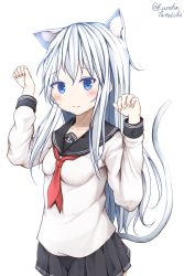 Rule 34 | 1girl, absurdres, anchor symbol, animal ear fluff, animal ears, arm up, black sailor collar, black skirt, blue eyes, blush, breasts, cat ears, cat girl, cat tail, collarbone, commentary request, fingernails, hair between eyes, hand up, head tilt, hibiki (kancolle), highres, kantai collection, kemonomimi mode, long hair, medium breasts, neckerchief, no headwear, paw pose, pleated skirt, red neckerchief, sailor collar, shirt, silver hair, simple background, skirt, solo, tail, tail raised, tateishi kureha, twitter username, very long hair, white background, white shirt