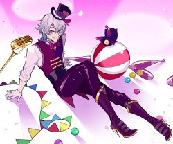 Rule 34 | 1boy, absurdres, backlighting, black pants, blue eyes, blue hair, boots, bow, bowtie, commentary, earrings, english commentary, gavis bettel, gigglepox, gloves, grey hair, hair between eyes, hat, heterochromia, high heel boots, high heels, highres, holostars, holostars english, jewelry, juggling club, leaning back, leg up, looking at viewer, male focus, microphone stand, multicolored hair, on floor, pants, phantom (gavis bettel), pink eyes, pink hair, shiny clothes, shirt, simple background, smile, solo, spotlight, string of flags, top hat, vest, virtual youtuber, white gloves, white hair, white shirt