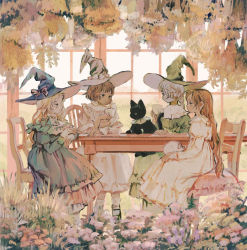 Rule 34 | 4girls, animal, animal on lap, aqua dress, black cat, blonde hair, bow, bowtie, brown hair, cat, chair, dress, expressionless, flower, frilled dress, frills, green dress, green eyes, grey eyes, hanging plant, hat, highres, indoors, long hair, multiple girls, on lap, original, pillow, plant, rt0no, short hair, sitting, skull, table, white dress, window, witch hat