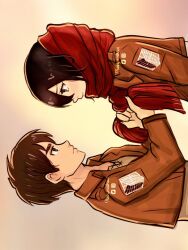 Rule 34 | 1boy, 1girl, black eyes, black hair, brown hair, eren yeager, from side, hair between eyes, holding, holding clothes, holding scarf, hunnymzdraws, looking at another, mikasa ackerman, paradis military uniform, red scarf, scarf, shingeki no kyojin, short hair, simple background, survey corps (emblem), twitter username, upper body, watermark, yellow background