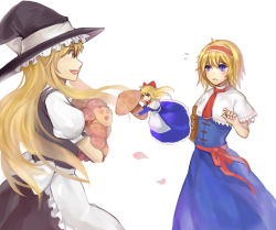 Rule 34 | 2girls, alice margatroid, apron, bad id, bad pixiv id, blonde hair, blue dress, blue eyes, blush, book, bow, capelet, dress, eye contact, faux traditional media, female focus, flying sweatdrops, hair bow, hairband, hat, hat ribbon, jewelry, kirisame marisa, long hair, looking at another, multiple girls, mushroom, open mouth, parted lips, petals, profile, puppet rings, puppet strings, ramble12, ribbon, ring, sash, shanghai doll, short hair, short sleeves, simple background, skirt, touhou, vest, white background, witch, witch hat, yellow eyes