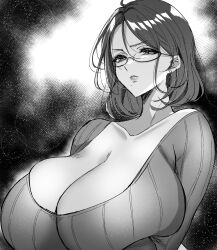 Rule 34 | 1girl, aizawa chihiro, breasts, cleavage, closed mouth, collarbone, earrings, glasses, greyscale, hair between eyes, highres, huge breasts, jewelry, low neckline, mole, mole under mouth, monochrome, original, ribbed sweater, short hair, solo, sweater, upper body