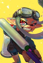 Rule 34 | 1girl, artist name, bike shorts, collared shirt, commentary request, crying, crying with eyes open, eyebrows, fangs, feet out of frame, goggles, goggles on head, hanako515 ika, highres, holding, holding weapon, ink, ink tank (splatoon), inkling, inkling girl, inkling player character, long sleeves, looking at viewer, nintendo, pointy ears, red eyes, shirt, shorts, signature, silver hair, solo, splat charger (splatoon), splatoon (series), standing, tears, teeth, tentacle hair, weapon, yellow background