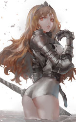 Rule 34 | 1girl, armor, ass, belt, brown hair, canking, gauntlets, leotard, lipstick, long hair, looking to the side, makeup, original, parted lips, pauldrons, red eyes, shoulder armor, solo, tiara, wading, water, weapon, white background