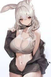 Rule 34 | :/, animal ears, black choker, blush, bra, breasts, brown jacket, choker, cleavage, collarbone, cowboy shot, crop top, cyobiro, final fantasy, final fantasy xiv, flower, hair between eyes, hair flower, hair ornament, highres, jacket, large breasts, light brown hair, long hair, long sleeves, looking at viewer, midriff, navel, open clothes, open jacket, rabbit ears, red eyes, simple background, sleeveless, sleeves past wrists, tank top, thighs, underwear, unzipped, viera, warrior of light (ff14), wet, wet clothes, white background