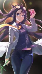Rule 34 | 1girl, beaker, blouse, coat, coke-bottle glasses, collared shirt, denim, eyewear on head, floating hair, glasses, highres, hololive, hololive english, jeans, lab coat, long hair, necktie, ninomae ina&#039;nis, open clothes, open coat, open mouth, pants, purple eyes, purple hair, purple shirt, shirt, solo, tallgeese (lgeesel), tentacle hair, tentacles, test tube, virtual youtuber, wind, wind lift, yellow necktie