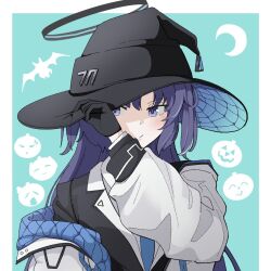 Rule 34 | 1girl, 3174, adjusting clothes, adjusting headwear, black gloves, black hat, black suit, blue archive, blue necktie, blush, collared shirt, formal, gloves, halo, hat, highres, jacket, long hair, long sleeves, looking to the side, necktie, purple hair, shirt, sidelocks, solo, suit, two-sided fabric, two-sided jacket, upper body, white jacket, white shirt, witch hat, yuuka (blue archive)