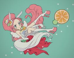 Rule 34 | aji fry, animal ears, blue hairband, boots, commentary request, cure parfait, dress, earrings, food, food-themed hair ornament, fruit, gloves, green eyes, hair ornament, hairband, jewelry, kirahoshi ciel, kirakira precure a la mode, long hair, magical girl, orange (fruit), orange slice, parfait, pink hair, ponytail, precure, smile, solo, tail, white gloves, white wings, wide ponytail, wings