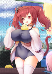 Rule 34 | 1girl, absurdres, animal ears, azur lane, bird, breasts squeezed together, breasts, cat ears, cat girl, cat tail, chain-link fence, choker, cloud, cloudy sky, covered navel, fang, fence, highres, i-19 (azur lane), jacket, large breasts, long hair, manjuu (azur lane), monneko, open clothes, open jacket, open mouth, oppai loli, red eyes, red hair, school swimsuit, sky, smile, swimsuit, tail, taut clothes, taut swimsuit, thighhighs, twintails, underbust