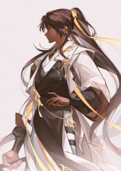 Rule 34 | arknights, black hair, braid, chinese commentary, closed mouth, cowboy shot, dark-skinned male, dark skin, earrings, expressionless, genderswap, genderswap (mtf), gold trim, hair ornament, highres, holding, jewelry, long hair, long sleeves, looking at viewer, looking to the side, male focus, necklace, pienahenggou, pointy nose, ponytail, puffy long sleeves, puffy sleeves, ribbon, robe, simple background, solo, thorns (arknights), very long hair, white background, wide sleeves, yellow eyes, yellow ribbon