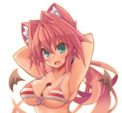 Rule 34 | 1girl, animal ears, armpits, blush, breasts, cleavage, green eyes, hair intakes, large breasts, long hair, original, pink hair, ponytail, rikumaru, solo, souffle gamberetto, striped, swimsuit, very long hair