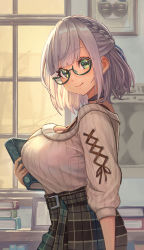 Rule 34 | 1girl, book, braid, breast hold, breast press, breasts, choker, cleavage, closed mouth, french braid, from side, glasses, green eyes, grey hair, hairband, highres, holding, holding book, hololive, indoors, large breasts, looking at viewer, medium hair, plaid, plaid skirt, ribbed sweater, sakumichi, shirogane noel, shirogane noel (casual), sidelocks, skirt, smile, solo, sweater, tented shirt, virtual youtuber, white sweater, window