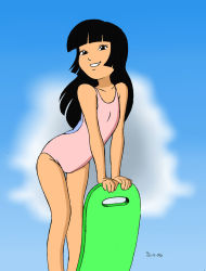 Rule 34 | 1girl, atsuko (inspector gadget), black eyes, black hair, blue sky, child, clenched teeth, cloud, day, feet out of frame, female focus, grin, highres, inspector gadget, long hair, looking at viewer, one-piece swimsuit, open mouth, outdoors, pink one-piece swimsuit, pink one-piece swimsuit, sky, smile, solo, surfboard, swimsuit, table, teeth, the-sakura-samurai, thighs, aged down