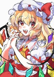 Rule 34 | 1girl, ascot, back bow, blonde hair, bow, collared shirt, cowboy shot, crystal, fang, fingernails, flandre scarlet, frilled ascot, frilled shirt collar, frilled sleeves, frills, hair between eyes, hat, hat ribbon, highres, ichinose hinata, interlocked fingers, large bow, long fingernails, long hair, mob cap, multicolored wings, nail polish, one side up, open mouth, own hands together, puffy short sleeves, puffy sleeves, red bow, red eyes, red nails, red ribbon, red skirt, red vest, ribbon, ribbon-trimmed headwear, ribbon trim, shirt, short sleeves, simple background, skirt, sleeve bow, sleeve ribbon, solo, teeth, touhou, upper teeth only, vest, white background, white bow, white hat, white shirt, wings, yellow ascot