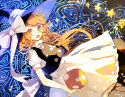 Rule 34 | 1girl, :o, artist name, back bow, black hat, black vest, blonde hair, blush, bow, braid, commentary, dated, diamond (shape), dress, floating hair, hair bow, hat, hat bow, hat ribbon, holding, holding mushroom, kirisame marisa, long hair, looking at viewer, lucky small pride, mushroom, open mouth, puffy short sleeves, puffy sleeves, red bow, ribbon, short sleeves, single braid, solo, star (symbol), swept bangs, touhou, very long hair, vest, white bow, white dress, white ribbon, witch hat, yellow eyes