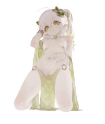Rule 34 | 1girl, absurdres, ahoge, blush, breasts, cleft of venus, colored skin, commentary request, cross-shaped pupils, eyelashes, genshin impact, gradient hair, green eyes, green hair, green shawl, hair between eyes, hair ornament, hand on own head, hand on own stomach, highres, kneeling, leaf hair ornament, long hair, looking at viewer, ming chen, multicolored hair, nahida (genshin impact), o-ring, o-ring bottom, o-ring top, pelvic curtain, pussy, pussy peek, seductive smile, see-through, see-through shawl, shawl, side ponytail, sidelocks, small breasts, smile, solo, symbol-shaped pupils, thighs, underboob, white background, white hair, white skin