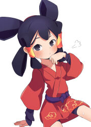 Rule 34 | 1girl, absurdres, bike shorts, black eyes, black hair, blush, commentary request, hair rings, highres, japanese clothes, kimono, ktmthe2nd, looking at viewer, mizura, red kimono, sakuna-hime, simple background, sitting, solo, sweat, tensui no sakuna-hime, white background