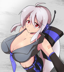 Rule 34 | 1girl, ahoge, bare shoulders, belt, black bow, black pants, black sleeves, bow, breasts, cleavage, commentary, crop top, detached sleeves, from above, furrowed brow, grey background, grey shirt, hair bow, headphones, headset, highres, ikuzonomiki12, large breasts, long hair, looking up, necktie, pants, parted lips, ponytail, purple necktie, red eyes, shirt, shoulder tattoo, sleeveless, sleeveless shirt, solo, striped, striped bow, tattoo, upper body, very long hair, vocaloid, white hair, yowane haku
