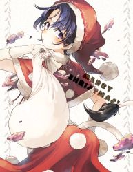 Rule 34 | 1girl, ass, bad id, bad twitter id, bag, blob, blue eyes, blue hair, christmas, coat, doremy sweet, gloves, hat, hisona (suaritesumi), leaf, looking at viewer, looking back, matching hair/eyes, merry christmas, patterned background, pom pom (clothes), red coat, red hat, santa costume, santa hat, solo, tail, tapir tail, touhou, upper body, white background, white gloves