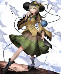 Rule 34 | 1girl, aliz wp514lov, arm at side, black footwear, black hat, bow, commentary request, floral print, full body, green hair, green skirt, hand up, hat, hat bow, heart, heart of string, highres, holding, holding weapon, koishi day, komeiji koishi, licking, licking finger, long sleeves, medium hair, nata (tool), rose print, shirt, skirt, solo, standing, third eye, tongue, tongue out, touhou, weapon, white background, yellow bow, yellow shirt